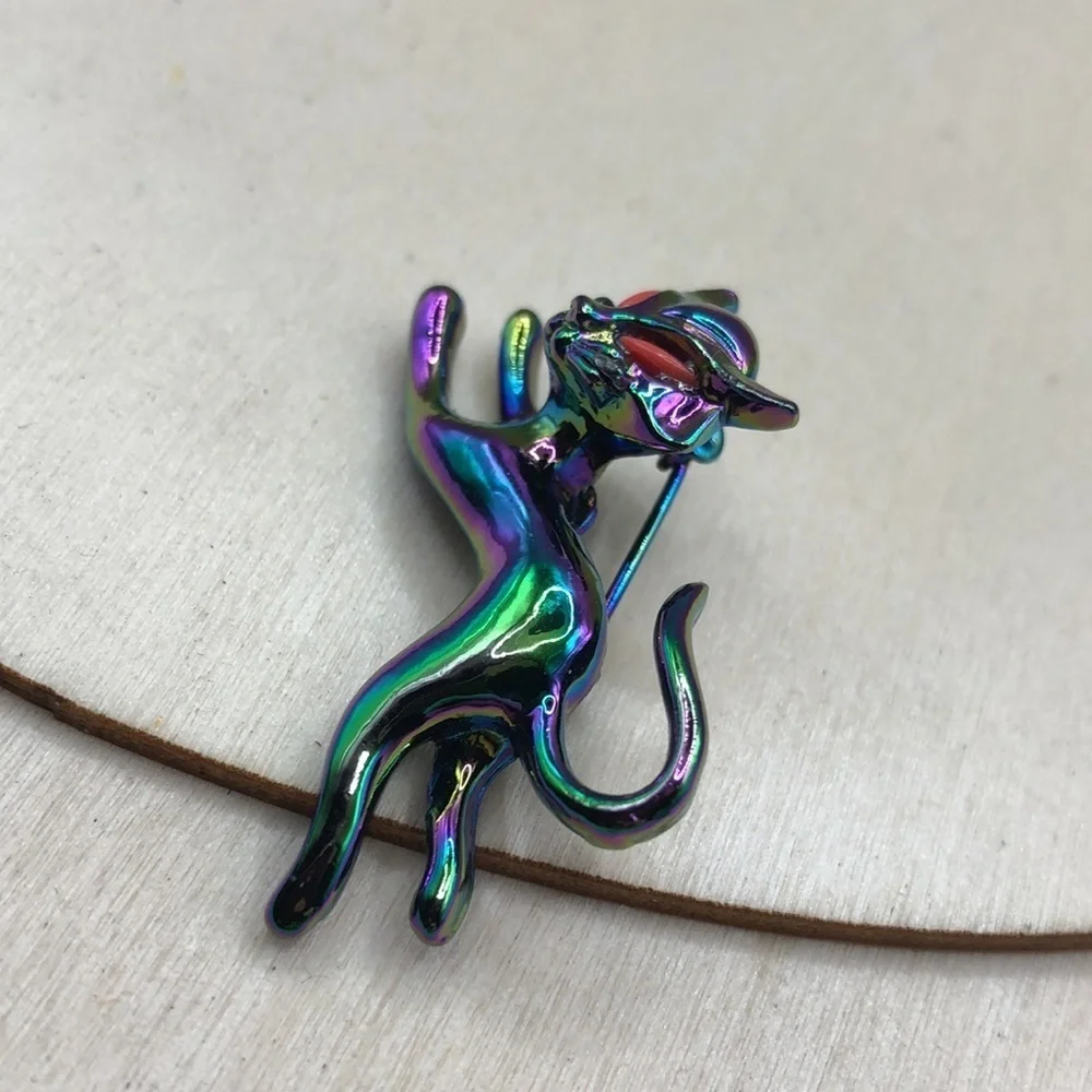Vintage Oil Spill Gloss Enamel Siamese Cat Brooch - Picture 3 of 5